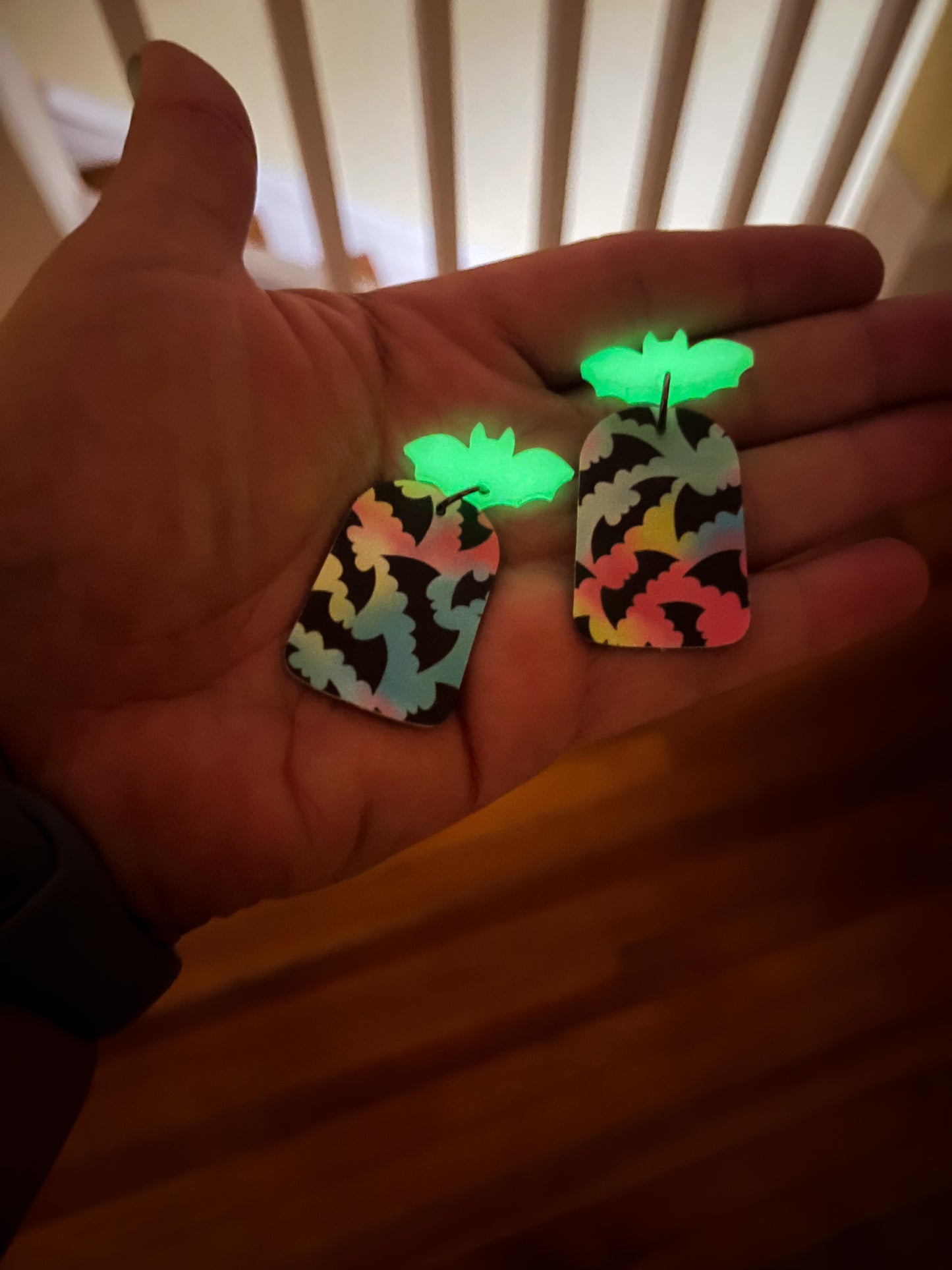 Tie Dye Glow in the Dark Batty Dangle Studs