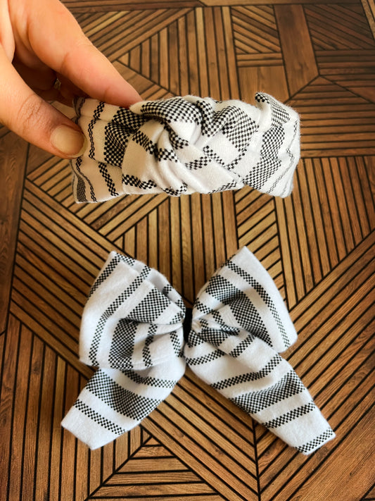 Matching Headband & Bow- Black & White Stripe