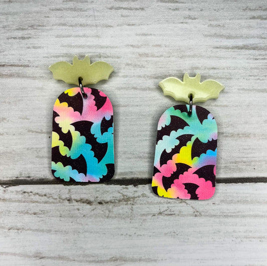 Tie Dye Glow in the Dark Batty Dangle Studs